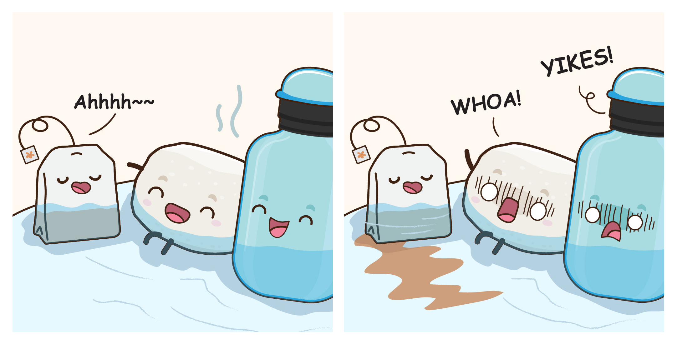 Cartoon tea bag, sugar cube, and water bottle; first calm, then shocked as tea spills, with WHOA and YIKES.